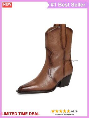 Leather Cowboy Boots Pointed Toe Block Heel Ankle Western